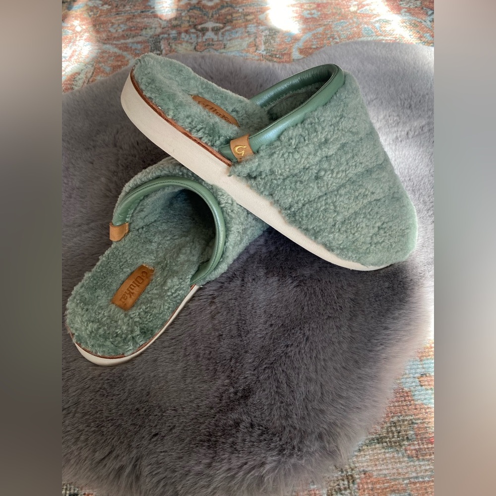 OluKai Green Fuzzy Mules